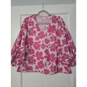Vine & Love Women Balloon Sleeve Floral Peasant Top Small‎ Mod Retro Hippie Pink